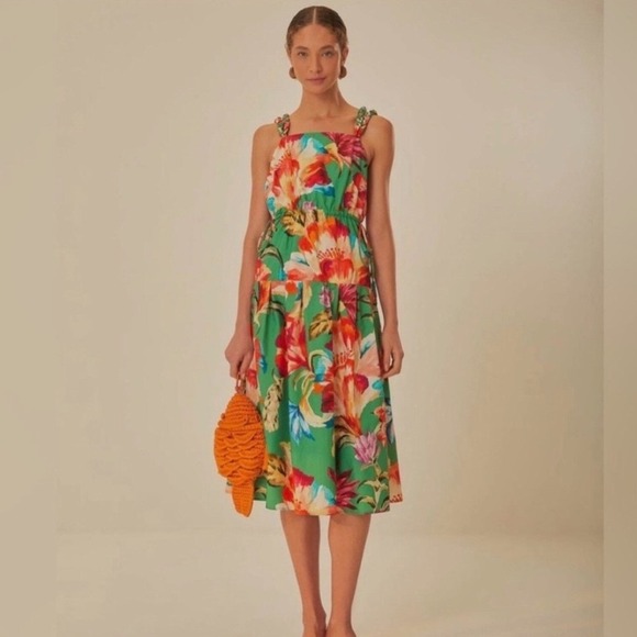 FARM Rio Dresses & Skirts - Farm Rio Green Tropicart Midi Dress Tropical Floral Print Braided Straps Large